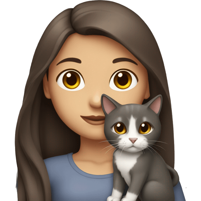 A girl with long brown hair And dark Brown eyes, holding a a grey cat emoji