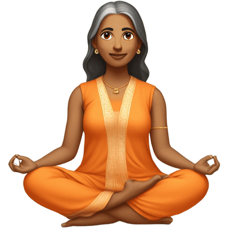 an  Indian woman, sleeveless pastel shirt
 yogi with a peaceful and meditative expression. The character should be wearing an orange robe, symbolizing traditional yogic attire. The yogi can be sitting in a lotus position emoji