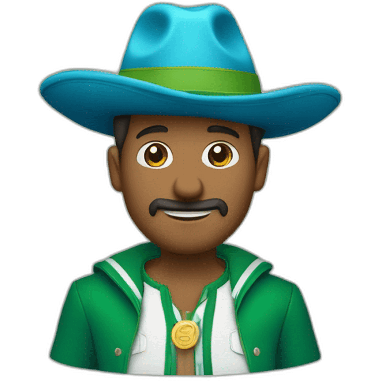 un chico blanco con sombrero de boina azul, pelo castaño y con rulos, camisa verde acuatico con chaqueta simple azul marino y de osos verdes emoji