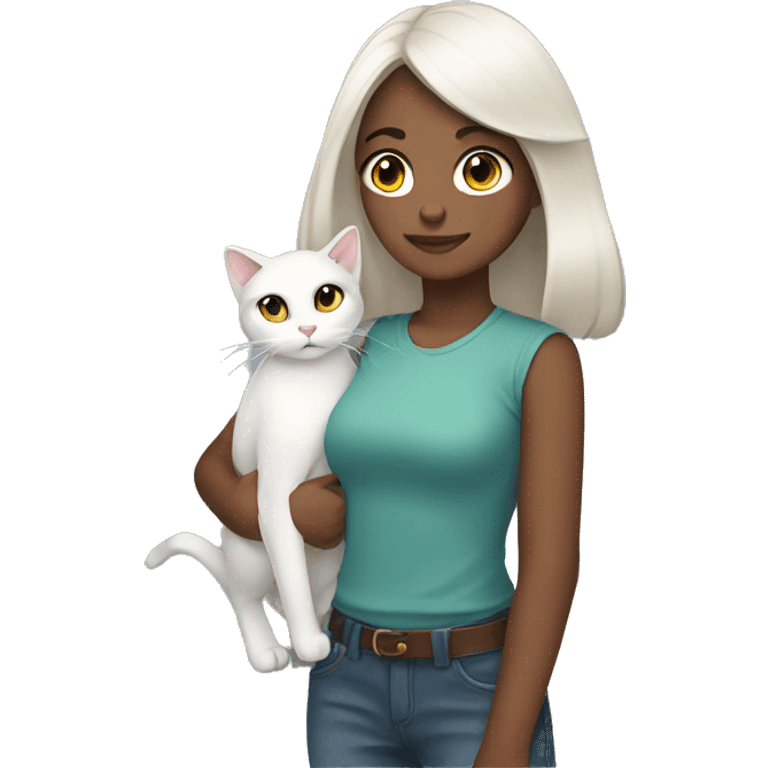 A girl with shoulder length dark hair and a white cat on her shoulder emoji