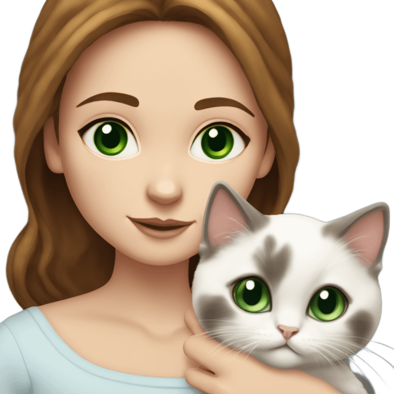 white woman with medium-length brown hair, green eyes and freckles on her nose, holding her birman kitten in her arms with much love, the baby cat has a lot of spots of dark on ears and middle of the face and blue eyes. emoji