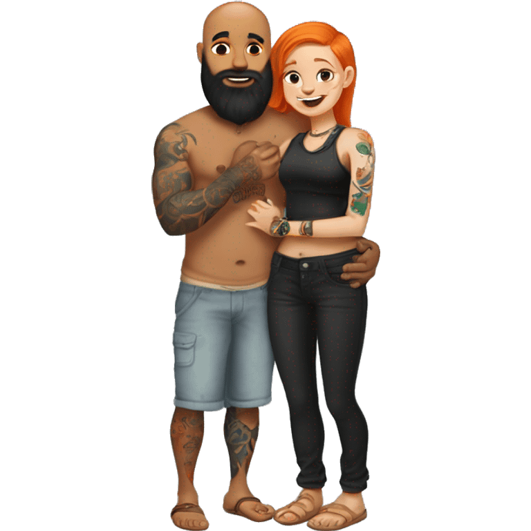 Indian Beard guy with bald head and tattoos on left hand hugging a ginger hair Croatian girl with septum ring and tattoos on right hand full body length  emoji