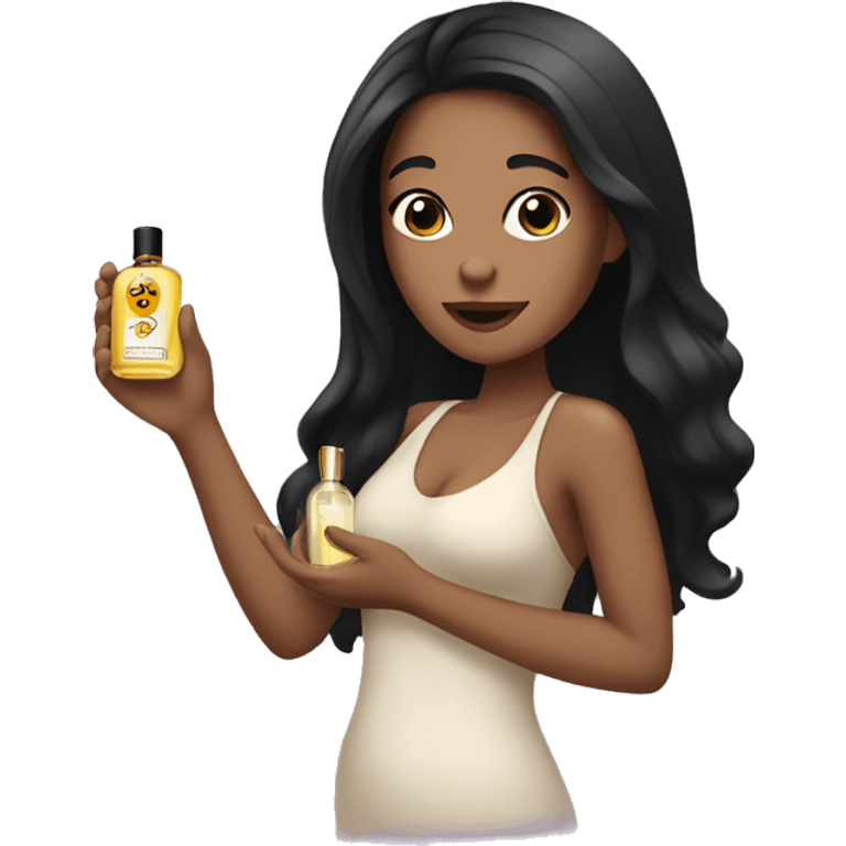 tan girl with long black hair holding perfume emoji