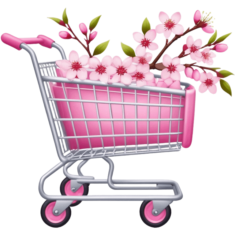 White shopping cart wrapped with pink cherry blossoms emoji