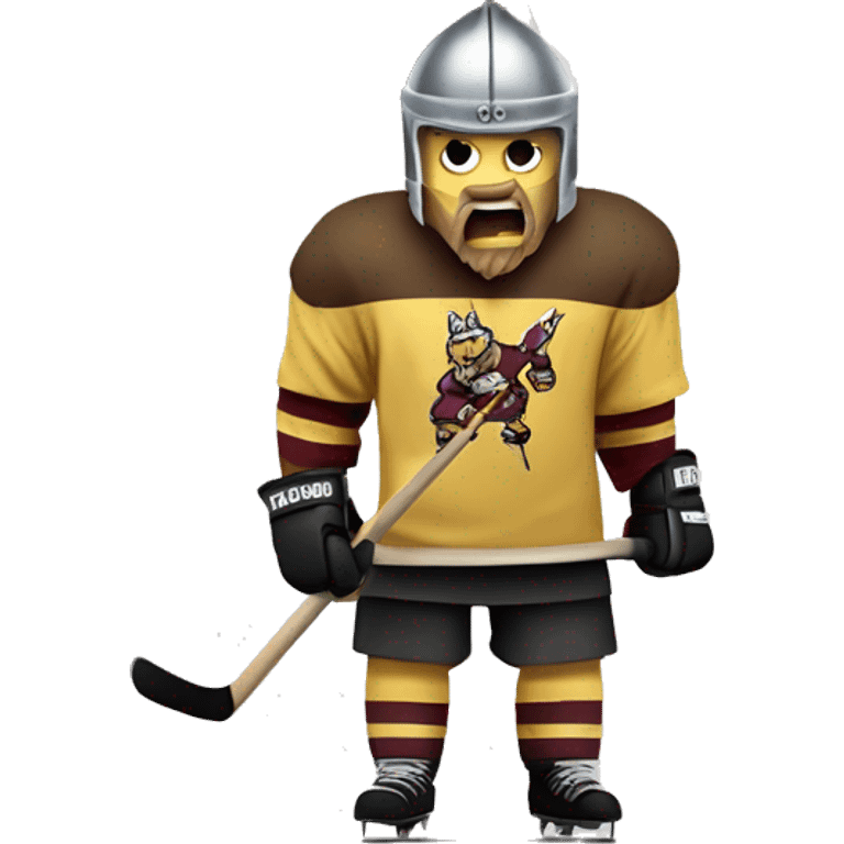 An angry viking playing hockey with a maroon and Vegas gold hockey jersey while holding a flag that says WIN  emoji