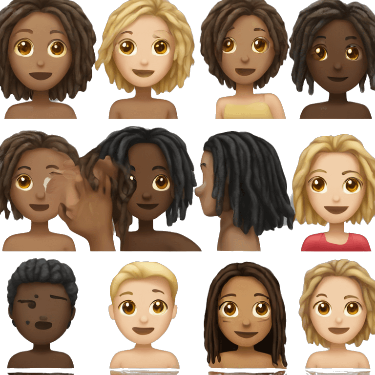 Fair skin woman with brown bob and brown eyes kissing black man with dreads emoji