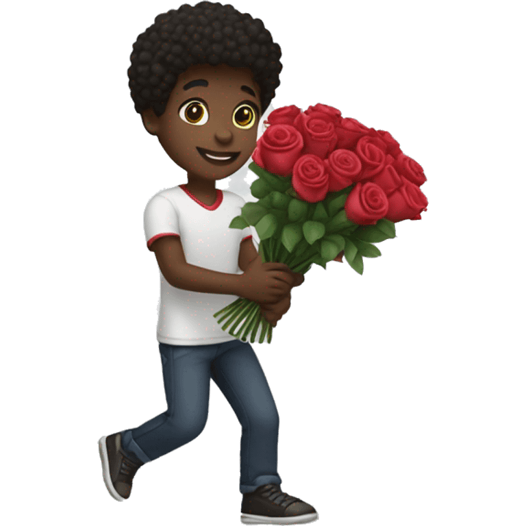 Create an emoji of a dark-skinned Boy throwing a bouquet of roses. emoji