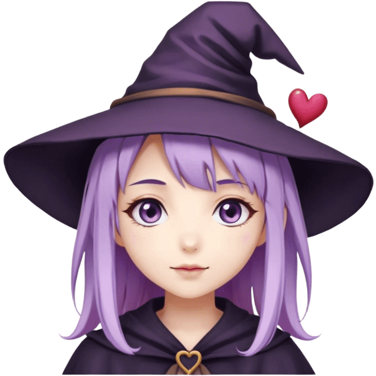 cute anime girl with lilac hair in a witch hat in love with hearts instead of eyes emoji