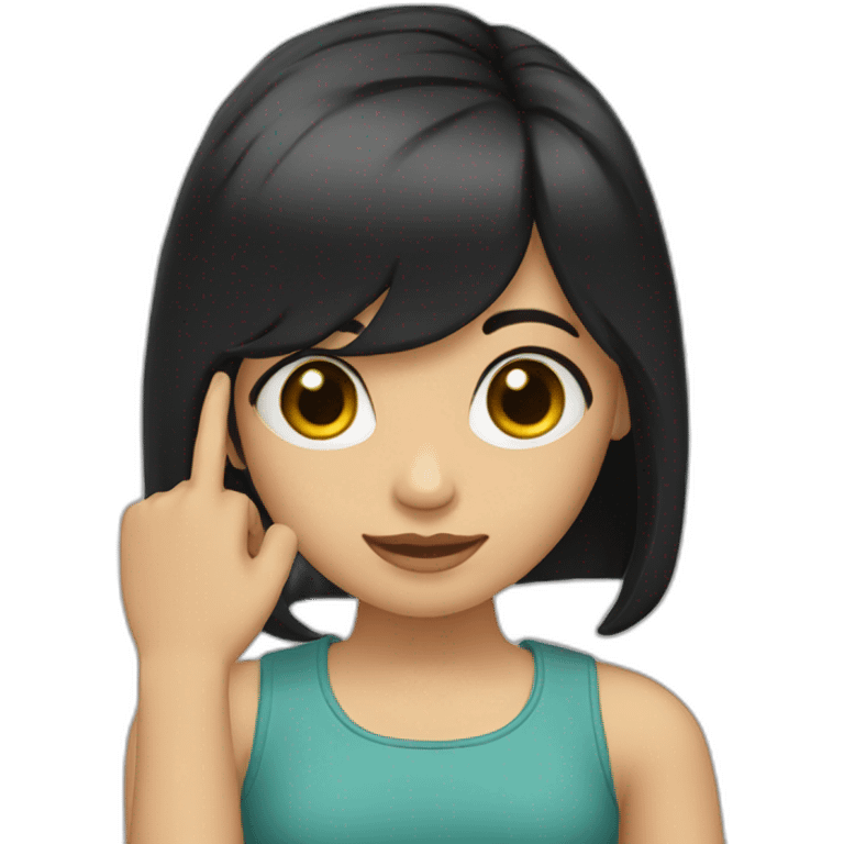 A girl with black hair and light skin puts her finger on her head emoji