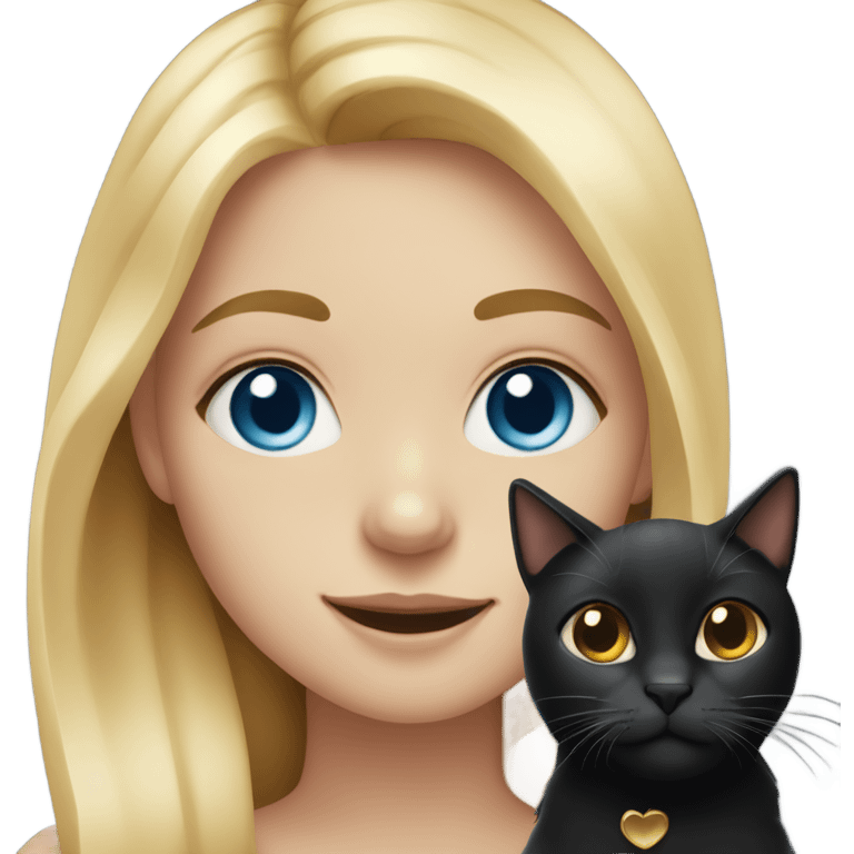 blonde girl with blue eyes and freckles smiling and holding a black cat with golden eyes emoji