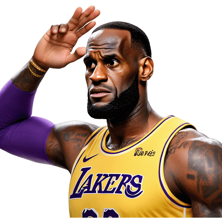 Lakers lebron with hands in the air, straight face emoji