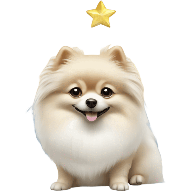 White Pomeranian dog under Christmas tree  emoji