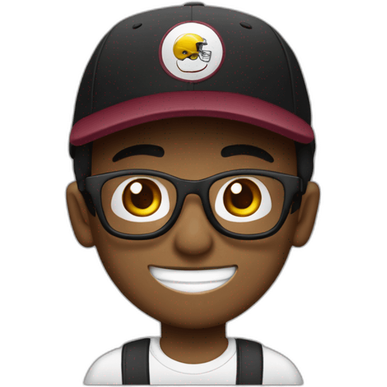 Chico joven con gorra hacia atrás color negra lentes negros sacando la lengua buso vinotinto de fútbol   emoji