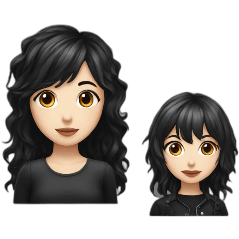 girl with dark wavy long hair and emo wife with short dark hair with bang emoji