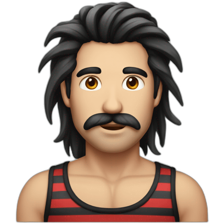 male with long black mane, long moustache and striped black and red tank top emoji