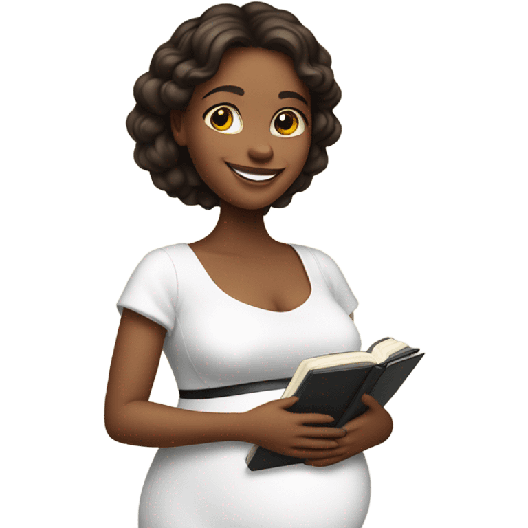 pregnant girl in a white dress holding an open photo album and looking at it with a smile emoji