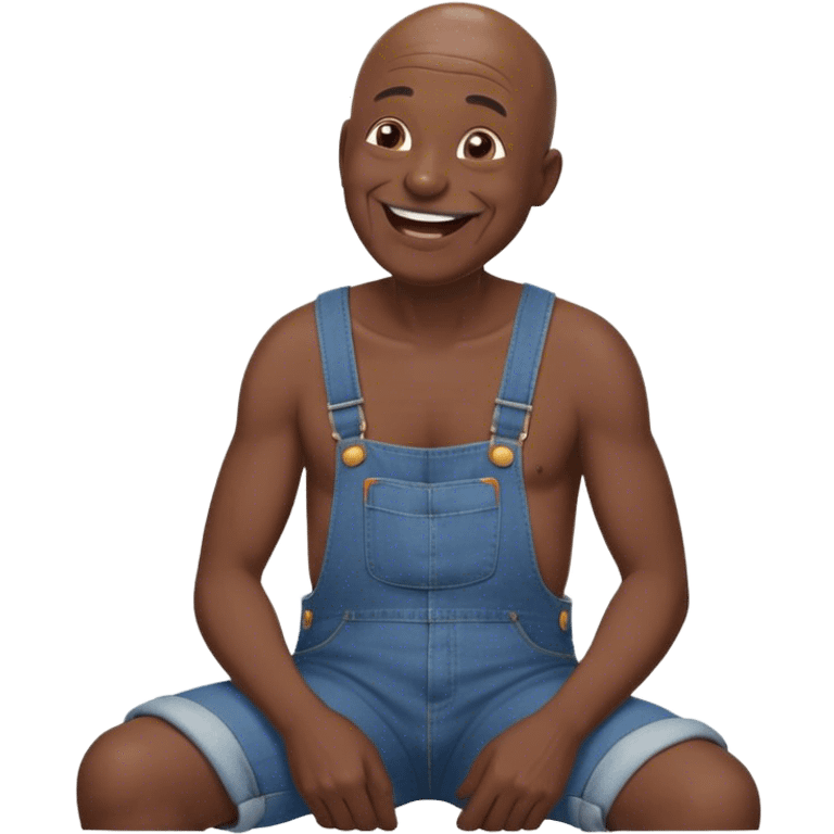 Side view Laughing telling story Old bald black man sitting wearing overalls no shirt emoji