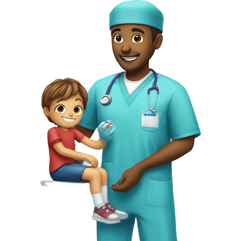 "Emoji of a male nurse in scrubs giving a vaccine to a smiling 4-year-old child" emoji