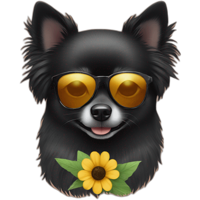 black pomeranian wearing flower sunglasses emoji