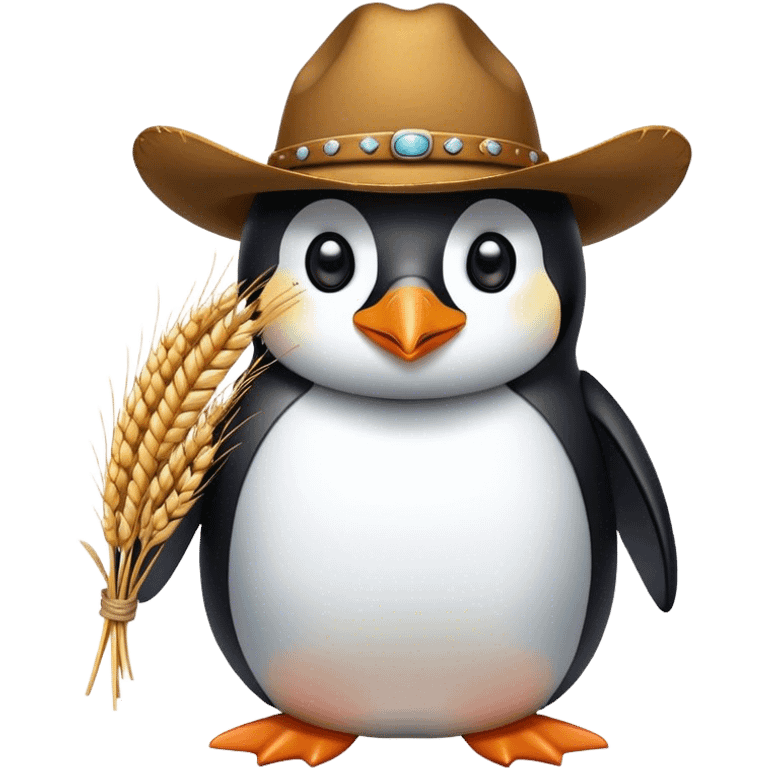 Penguin with cowboy hat and wheat in mouth emoji