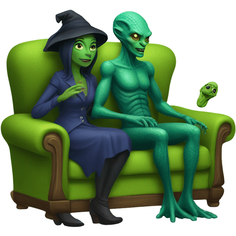 alien reptilian woman as witch, human man in blue, sitting on a couch  emoji