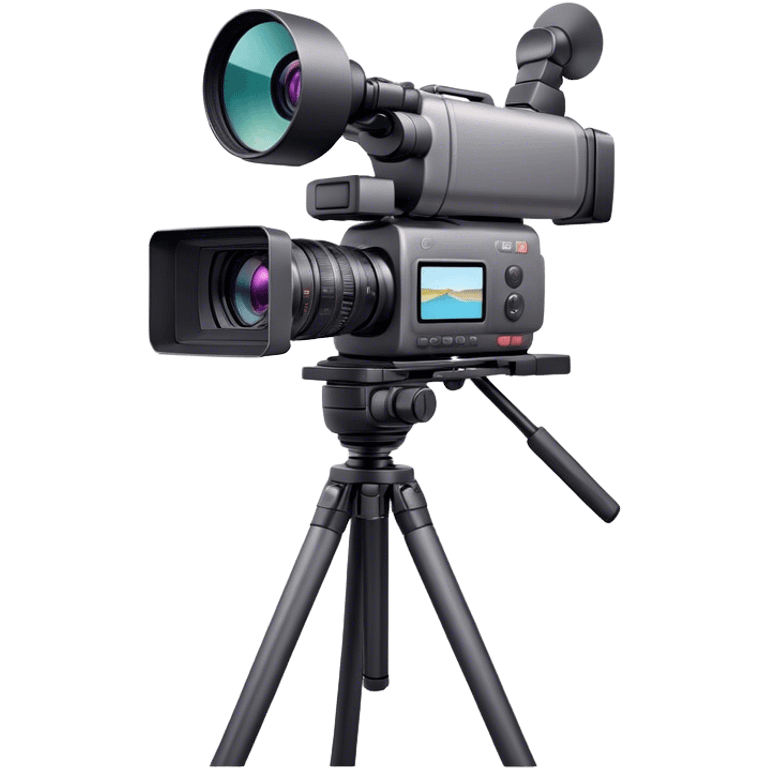 Create an emoji for video recording. Show a  single lens professional video camera with screen and image on it, on heavy tripod. Use modern, professional colors. Do not include any emojis or smiley faces. Make the background transparent. emoji