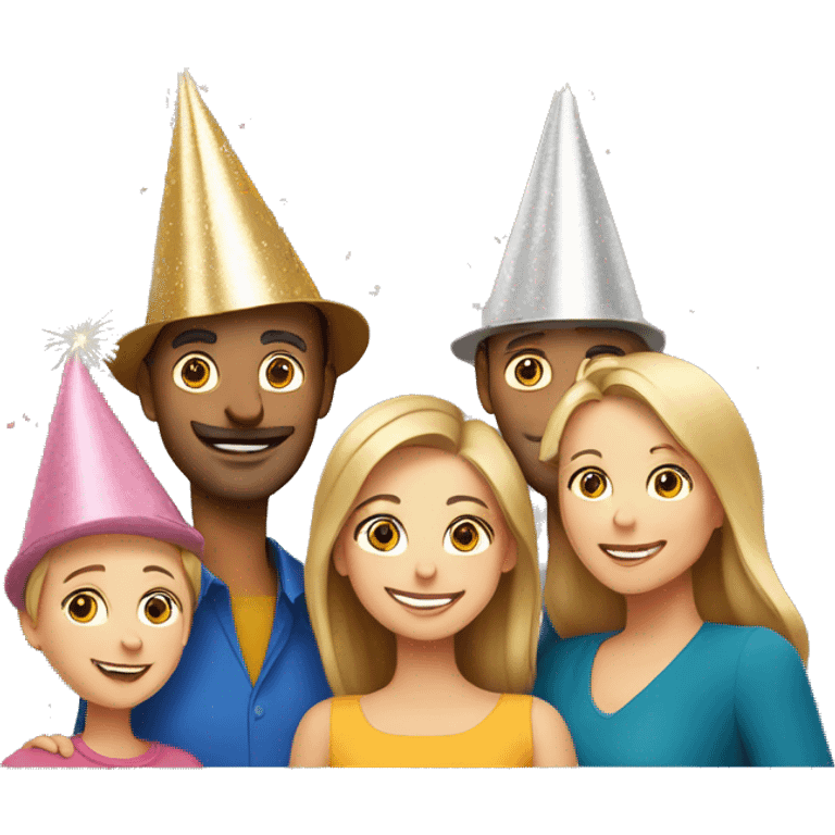 european family of 4 people (mom dad and 2 kids) celebrate new year in birthday hats emoji