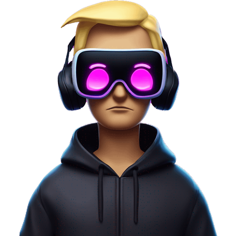 Donald Trump wearing a black hoodie with "OMG" letters on it and VR headset oculus quest 2 in a cyberpunk VR environment with violet neon lighting. emoji