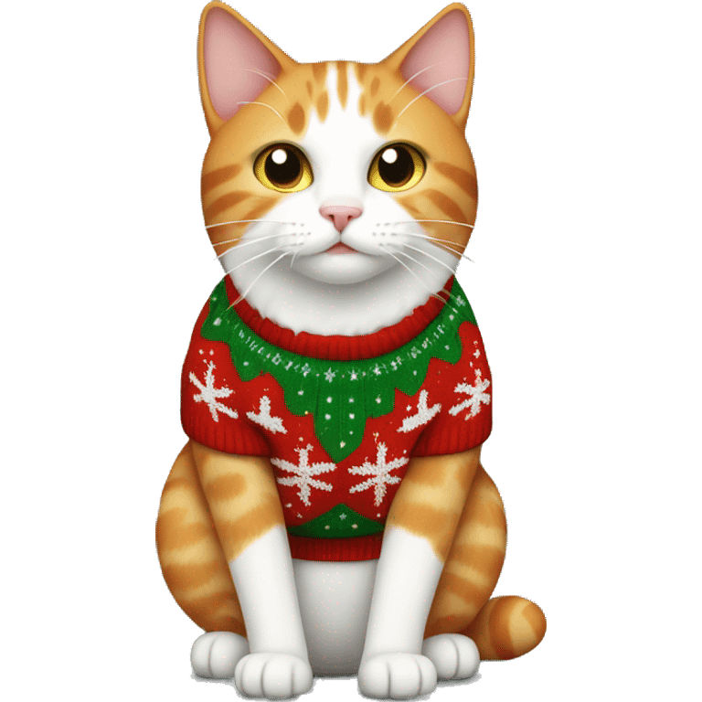 Ginger and white cat wearing a Christmas sweater emoji