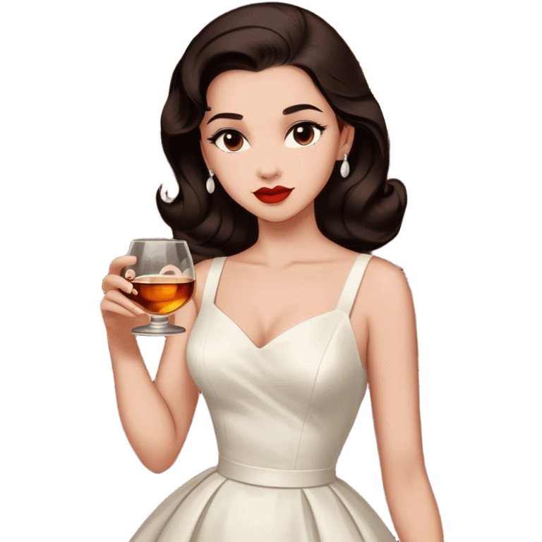 Beautiful woman in 1950’s woman fashion look, white dress, long dark brown hair, whisky with ice emoji