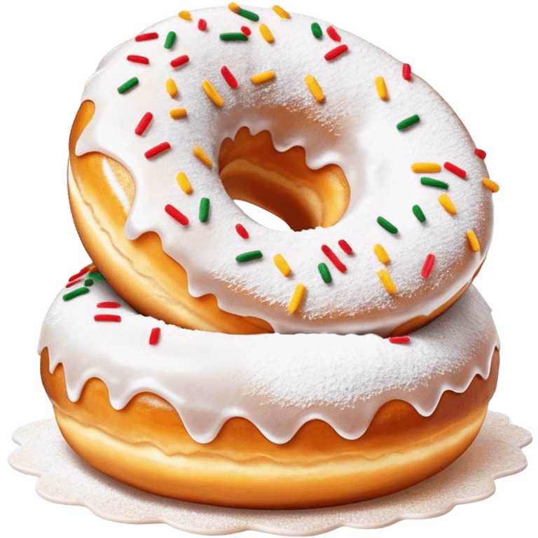 Cinematic fluffy donuts, perfectly golden and dusted with powdered sugar, vibrant icing with sprinkles, stacked in a playful arrangement, soft glowing highlights, warm and inviting. emoji