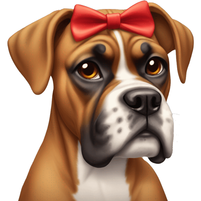 Boxer dog with a red bow on her neck and no bow on her head emoji