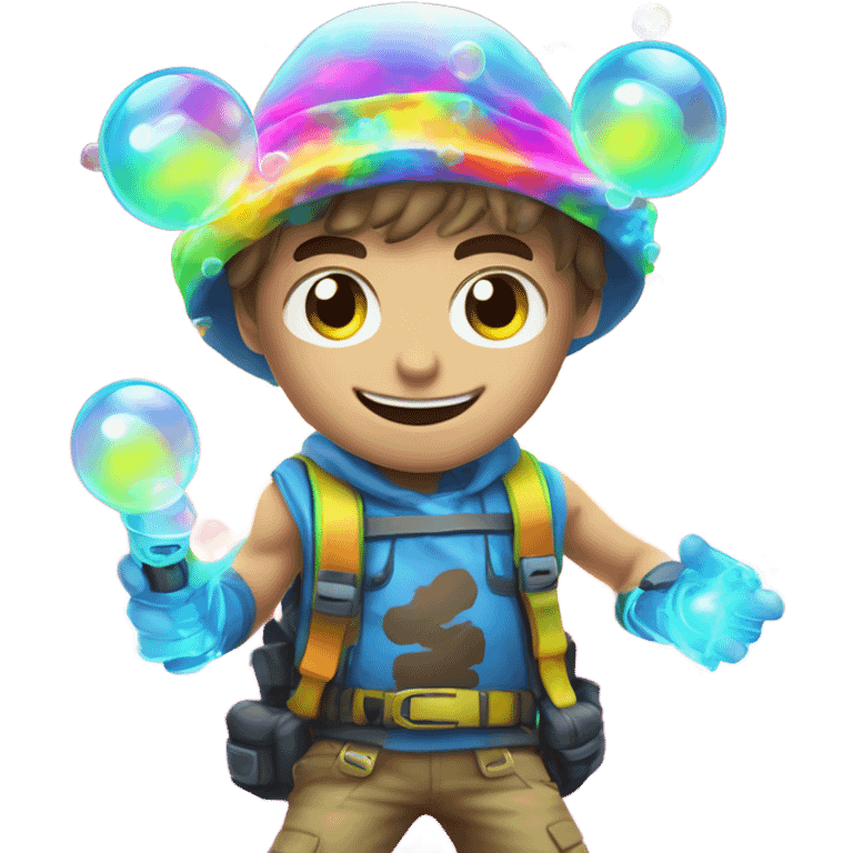 Caucasian boy at rave wearing a glowing outfit and glowing hat with bubble guns in each hand with bubbles all around emoji