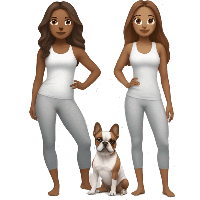 latin women with long brown hair in yoga outfit standing alongside two french bulldogs  emoji