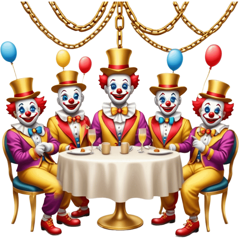 Vip restaurant full of clowns with golden chain on the neck. full height emoji