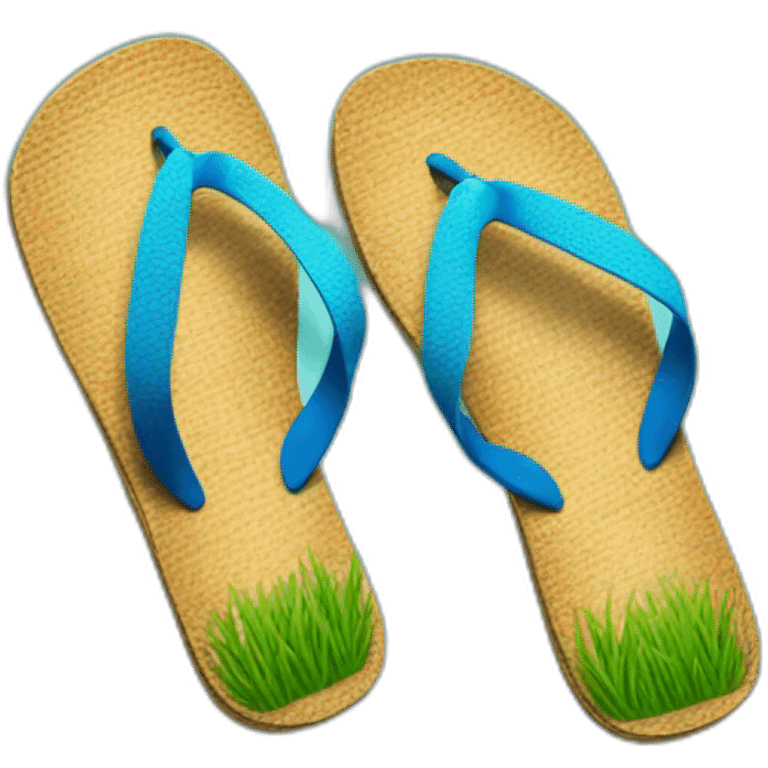 flip flops with grass texture all along the top, with a blue strap and post emoji