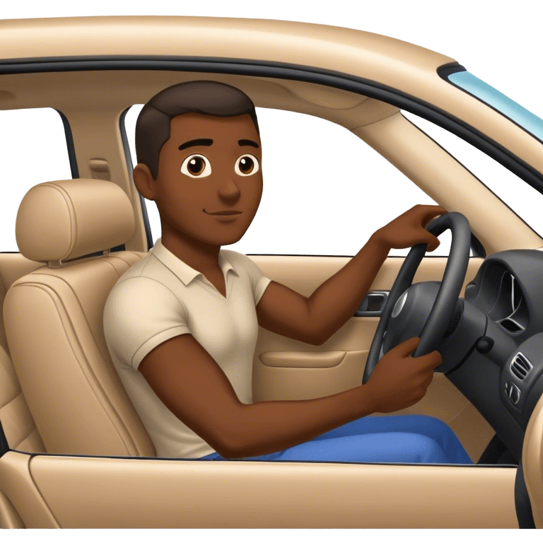 A dark-skinned man is sitting in a car and performing a shoulder check while driving. you can see the car from the inside and the driver is performing the shoulde check while lookin back into the car at the backseats emoji