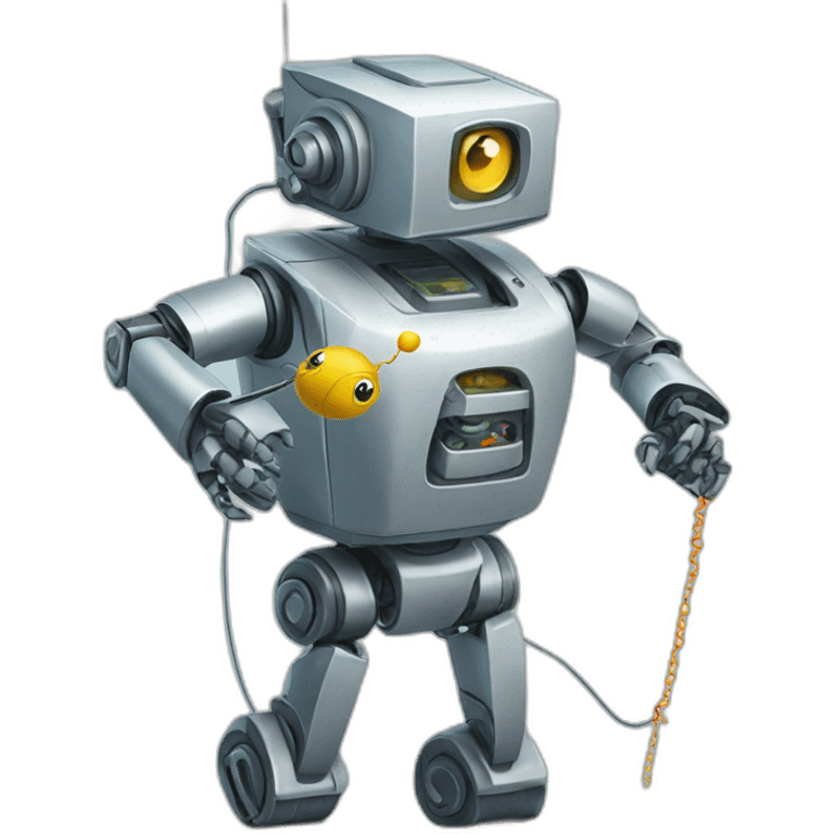 A robot that has caught something with a fishing line emoji