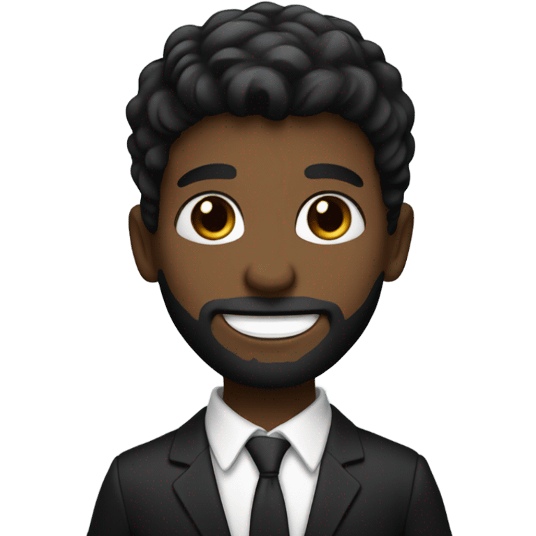 boy in black suit, black eyes, black hair, brown skin, black beard, cheeky smile emoji