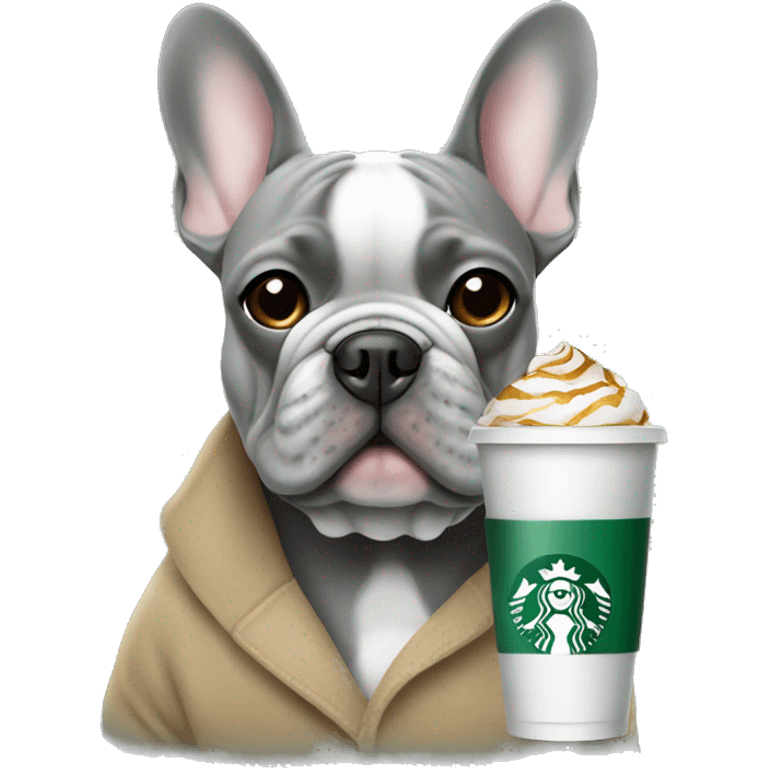 grey frenchie with starbucks emoji