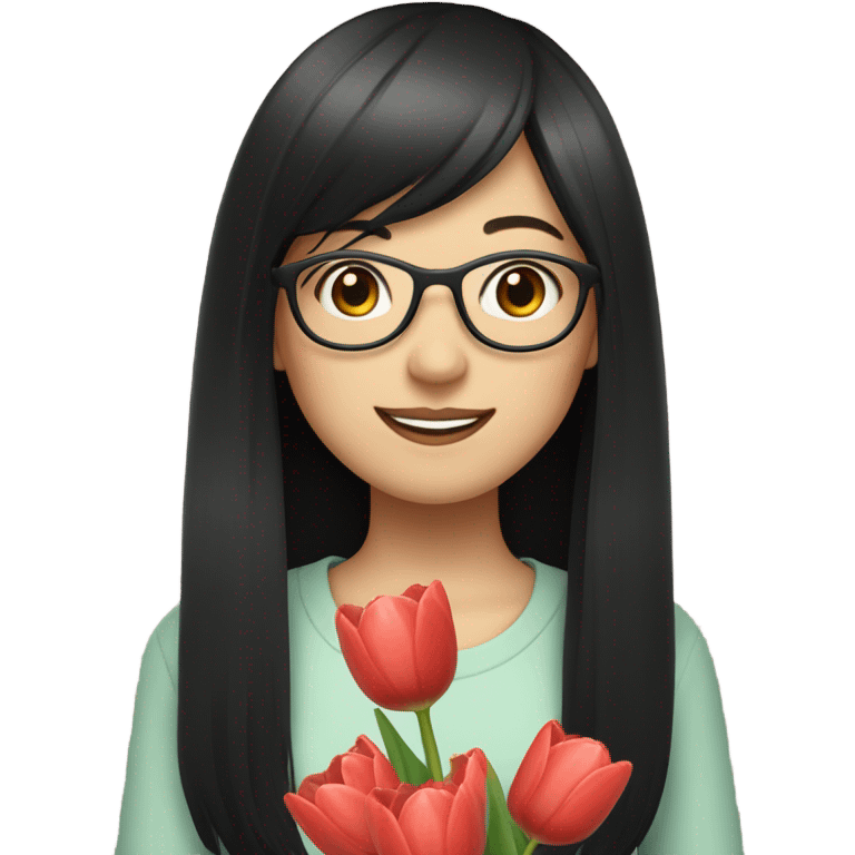 asian pale skin girl with long black hair and bangs and glasses holding tulips, smiling emoji