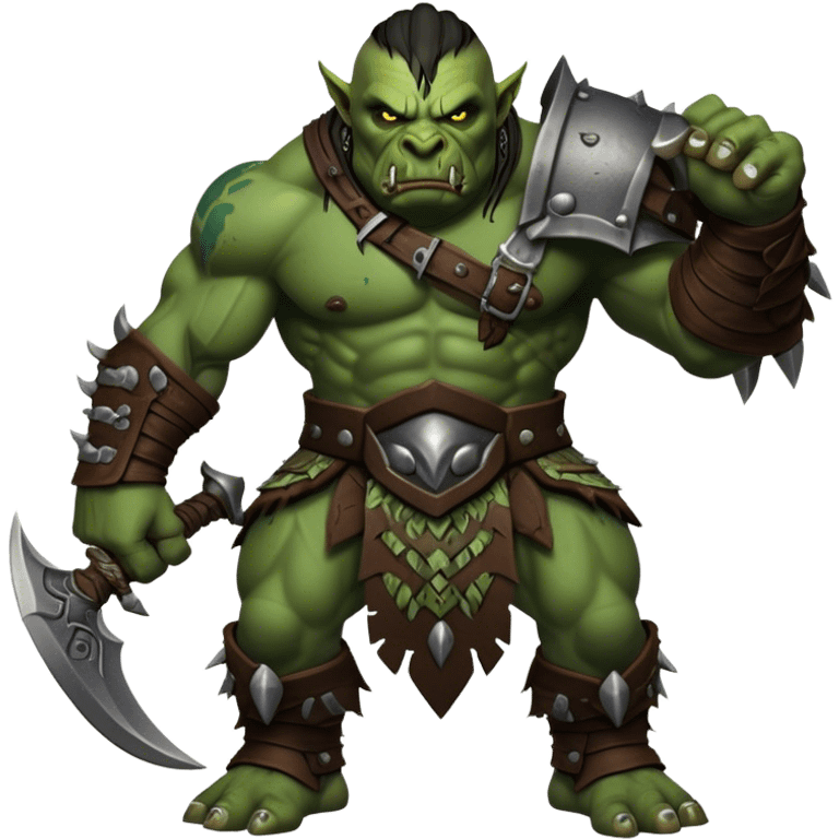 Cinematic Realistic WoW Orc Warrior Portrait, captured in a dynamic, battle-ready stance, muscles bulging beneath intricately detailed tribal armor accented with dark leather and iron. His fierce, determined eyes and battle-scarred green skin are rendered with dramatic natural lighting and high shine, exuding raw, relentless fury in a fierce combat pose. emoji