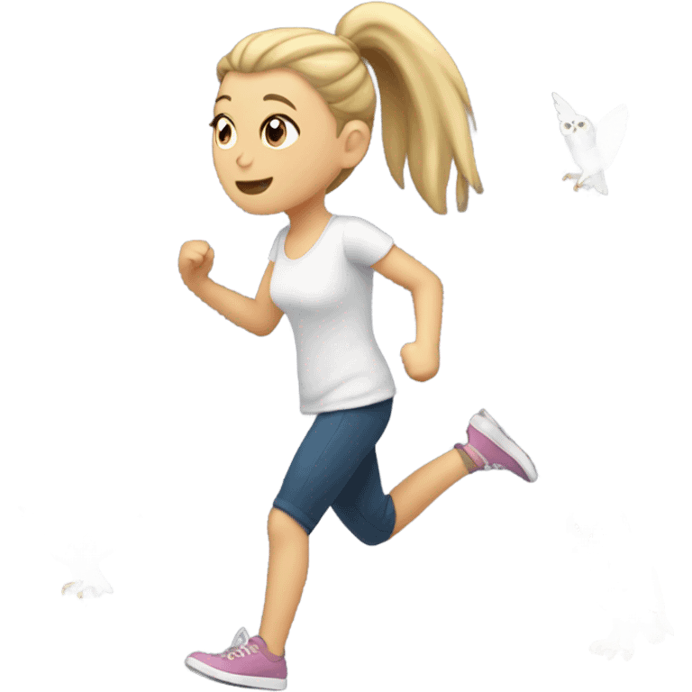 White Girl with ponytail running away from owl emoji