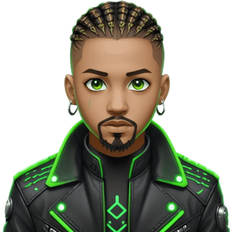 Light skinned African American male with green eyes as a cyberpunk hacker with cornrows hairstyle but short cornrows  with goatee facial hair emoji