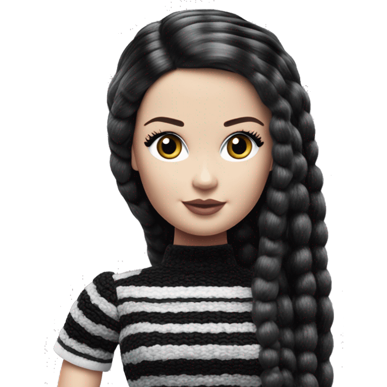 Bouclé Beauty Barbie, Wednesday Addams from academy, in vertically-striped dark-gray and black. emoji