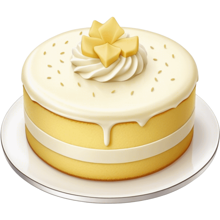 Cinematic Realistic Simple Vanilla Cake, a perfectly baked golden sponge with soft, airy layers, delicate vanilla frosting smoothly spread across the top, tiny flecks of vanilla bean visible, warm golden lighting creating depth, glowing with a sweet, irresistible charm. emoji