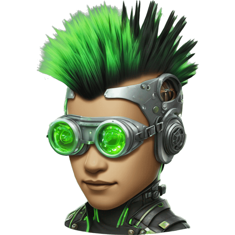 Mohawk hair with neon green highlights Asian male cyborg head with neon silver steampunk goggles and circuits emoji