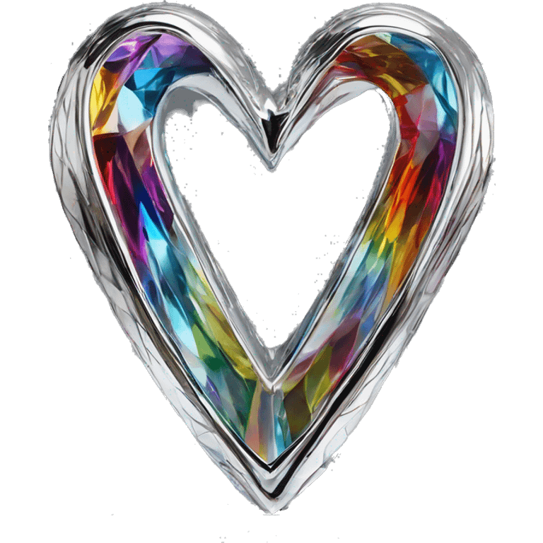 symbolic symmetric heart chrome sculpture symbolizing chromatic light with a geometric, faceted design. The heart is standing upright with angular and baroque features. The vibrant rainbow of colors highlights the sharp edges and planes.  emoji