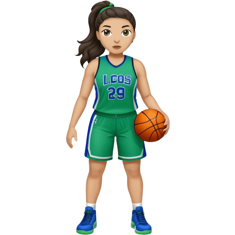 full body plus size light skin latino women basketball player with wavy dark hair in pony tail wide nose wearing blue green  uniform emoji