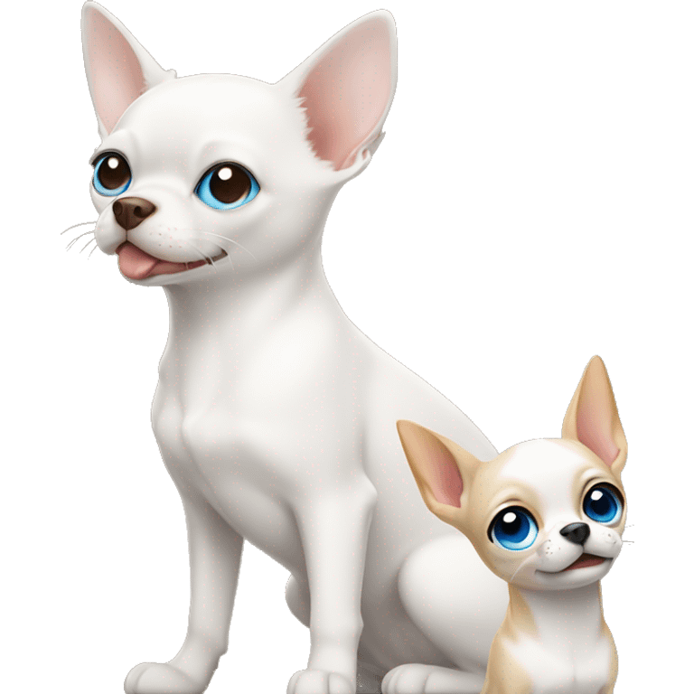 white cat blue eyes standing next to tan chihuahua  emoji